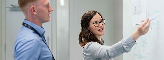 Zwei Geschäftsleute am White Board