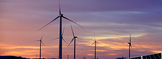 Windräder und Photovoltaik-Panels vor einem Sonnenuntergang als Symbol für Klimaschutz