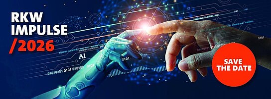 Roboterhand und Menschenhand berühren sich - Beschriftung Save the Date